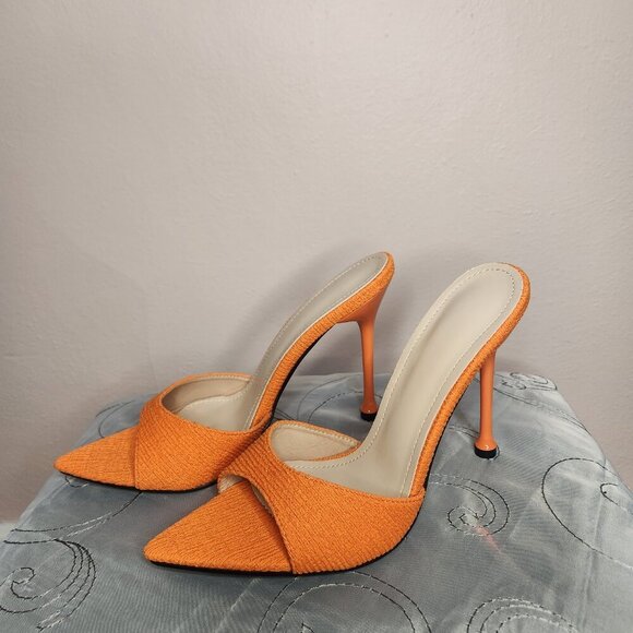 Tangerine Single Band Stiletto Heeled Mule Sandals Size 9 - Picture 4 of 8